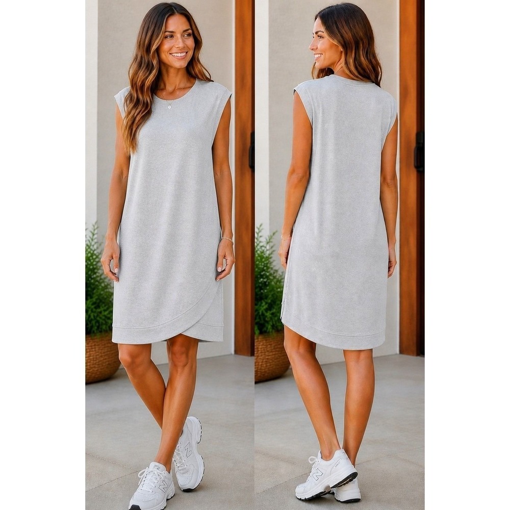 Athleta Heather Gray Knee Length Cap Sleeve‎ French Terry Dress Size L